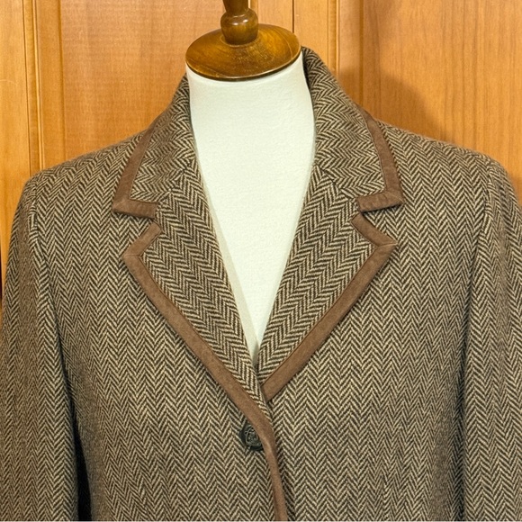 Lauren Ralph Lauren Brown Herringbone Wool-Blend Suede Detail Blazer Jacket - Picture 2 of 13